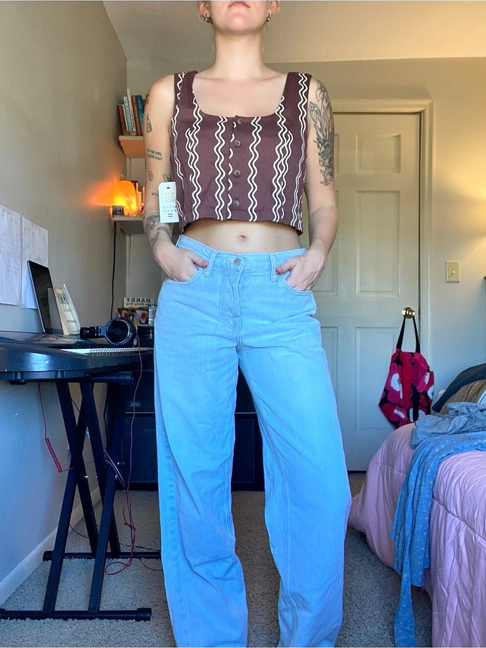Billabong Another Wave Woven Tank Brown & White Crop Top Medium NWT